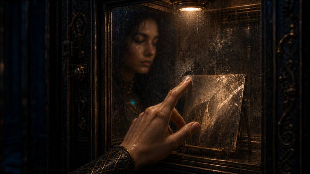 Tiwif reaches toward a mirror photograph inside a rain-lit chamber.